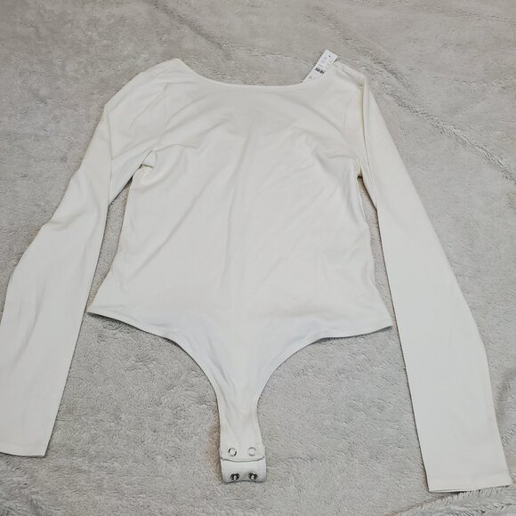 NWT J. Crew White Long Sleeve Fitted Stretch‎ Scoopback Snaps Bodysuit Top Large - Picture 1 of 8